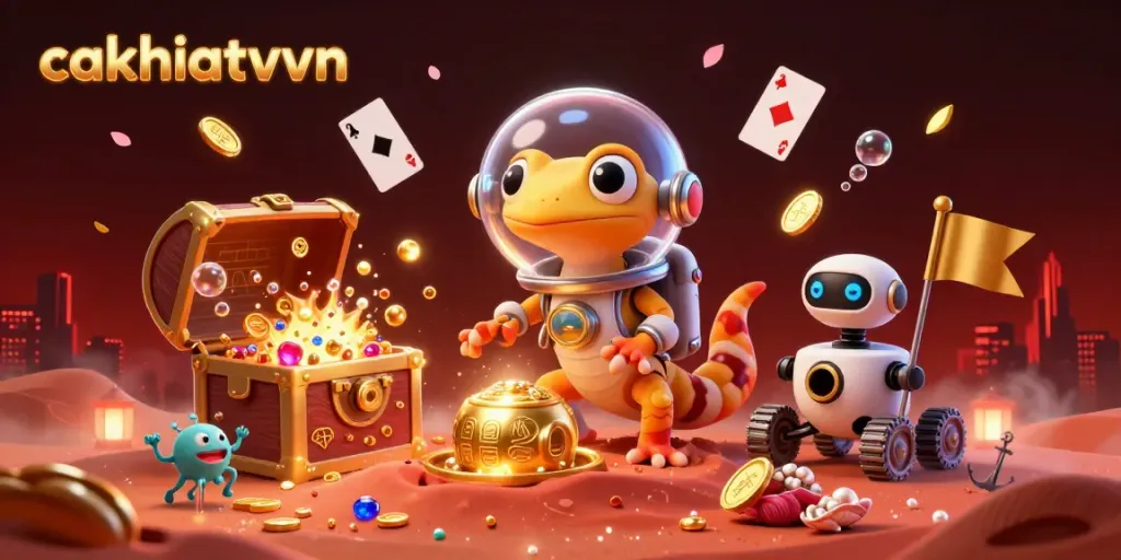 Experience the thrill of cakhiatvvn with a playful gecko in a retro space suit exploring a golden casino on Mars.