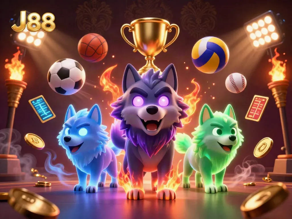 Betting with J88: a dynamic scene showcasing vibrant 3D wolves amidst sports gambling elements.