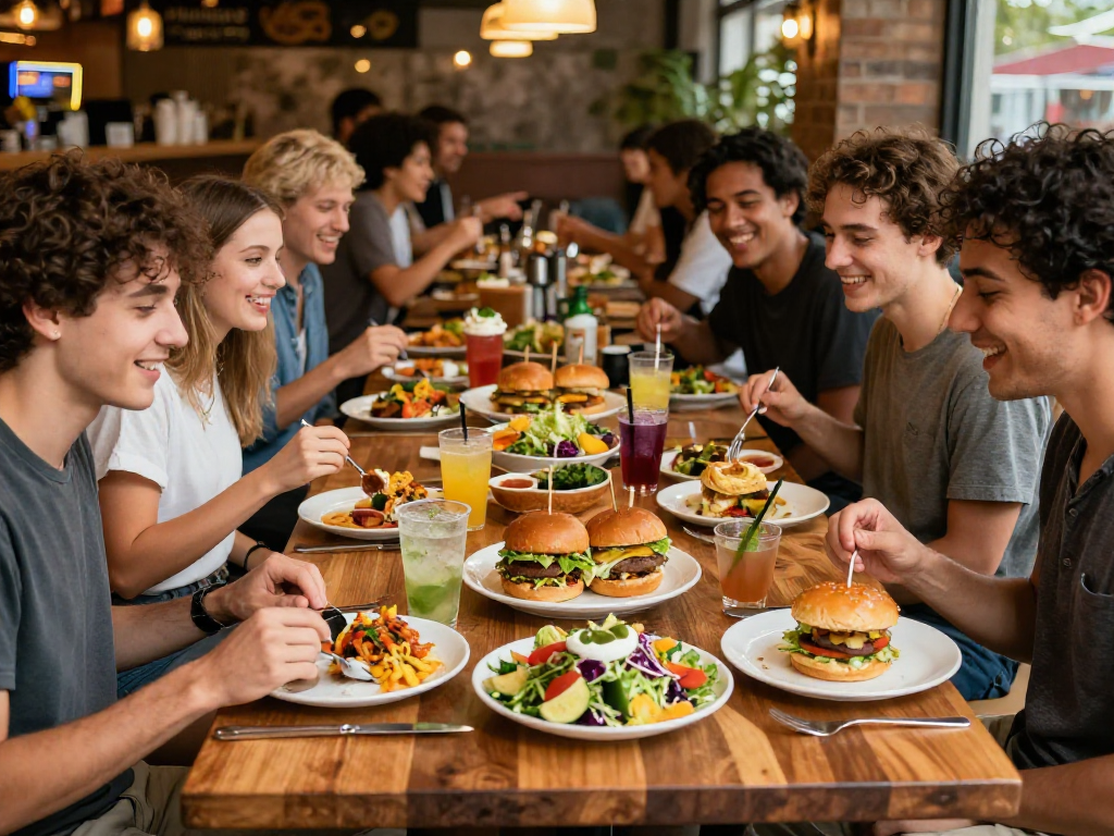 Friends enjoying slot dishes in a lively restaurant.