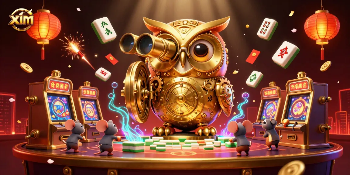 Experience vibrant gambling action with xim amidst a cartoonish casino scene packed with slots and festive elements.