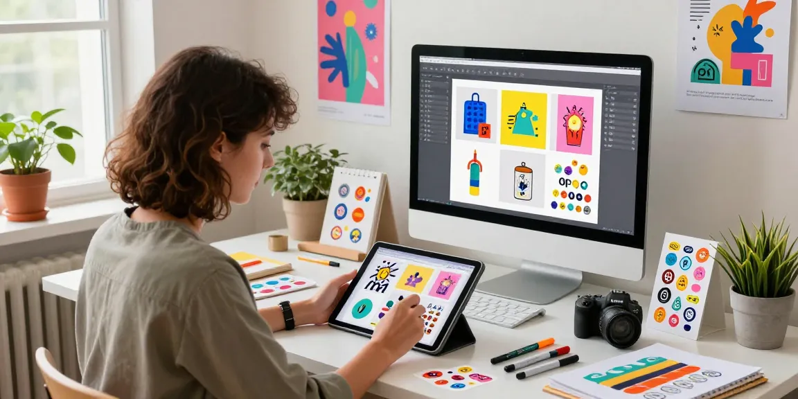 Creative workspace featuring custom stickers on desk with designer at work