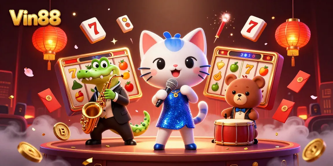 Experience Vin88's vibrant casino scene with animated characters and dynamic gaming elements.