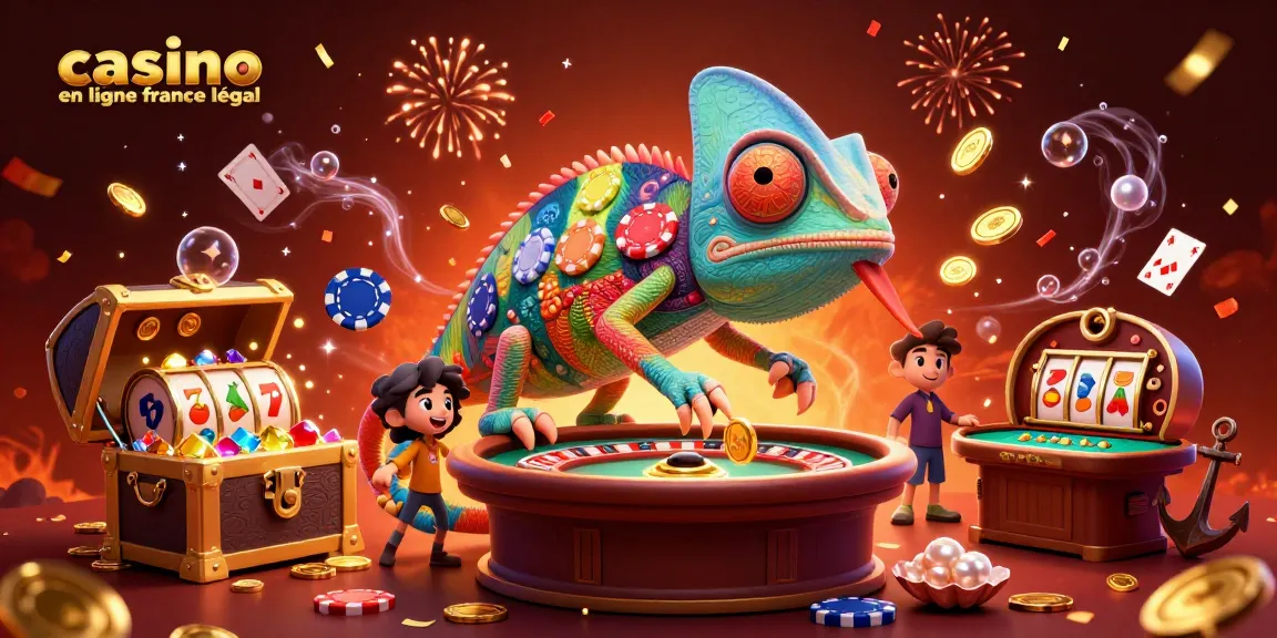 Illustration de casino en ligne france légal avec un caméléon géant, des jetons et des machines à sous.