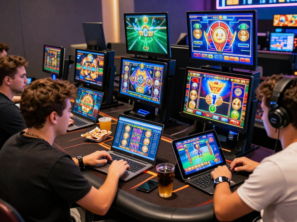 Players enjoying situs slot games on laptops and tablets in a vibrant gaming atmosphere.