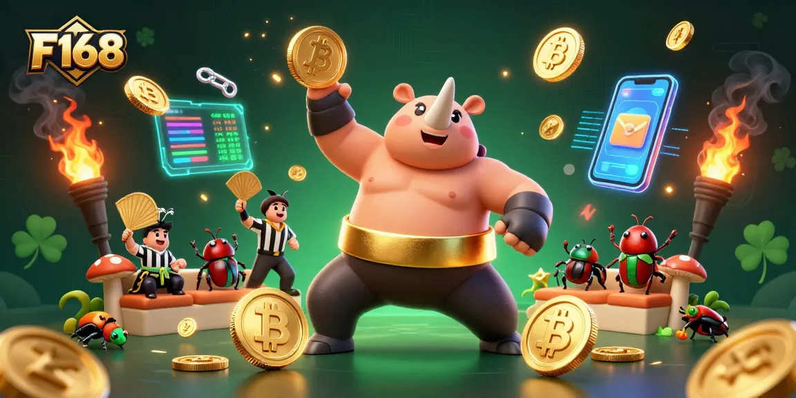 Experience F168 with vibrant scenes of excitement, crypto elements, and engaging character action.