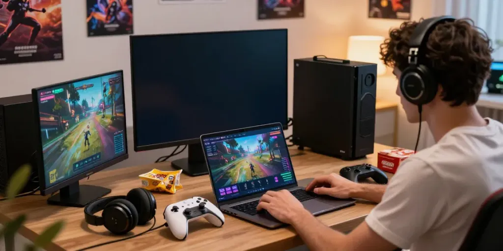 Engaged user enjoying diverse games on ROKOK88 platform in a vibrant gaming setup.