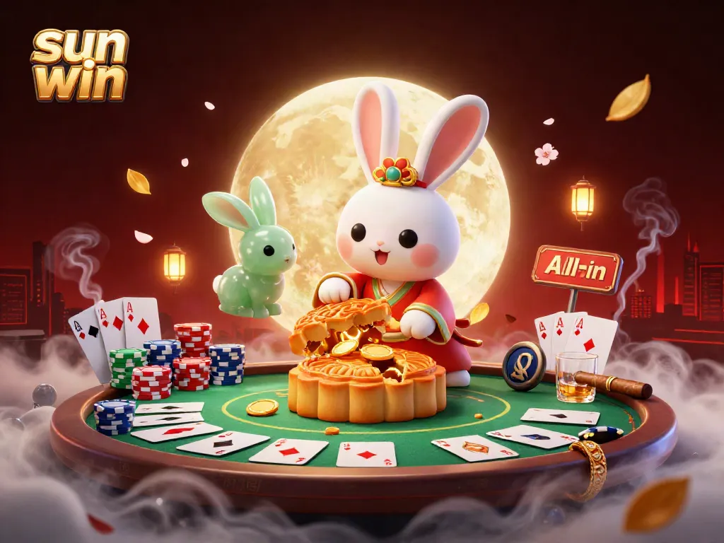 Experience the magic of sun win with a whimsical moon rabbit scene revealing poker chips, showcasing exciting casino elements.