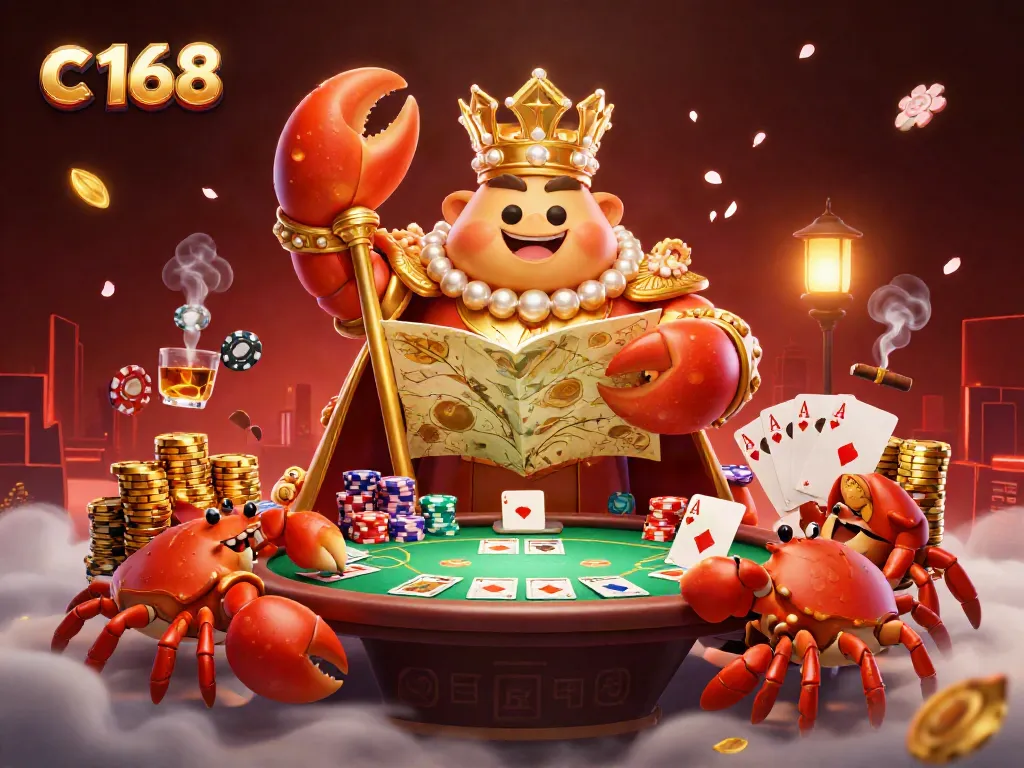 Experience the world of c 168 with our golden crab emperor surrounded by poker excitement and vibrant casino action.
