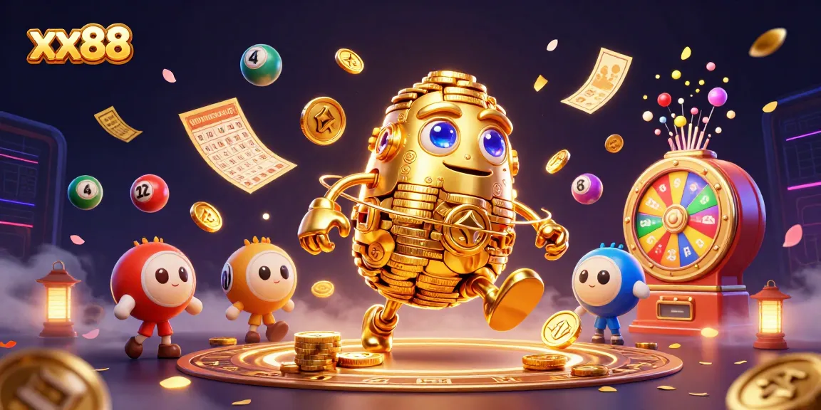Experience thrilling gaming at xx88 with a captivating golden golem amidst vibrant lottery elements.