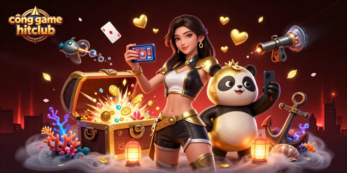 Experience thrilling gameplay at cổng game hitclub with a stunning Asian woman and a golden panda mascot.