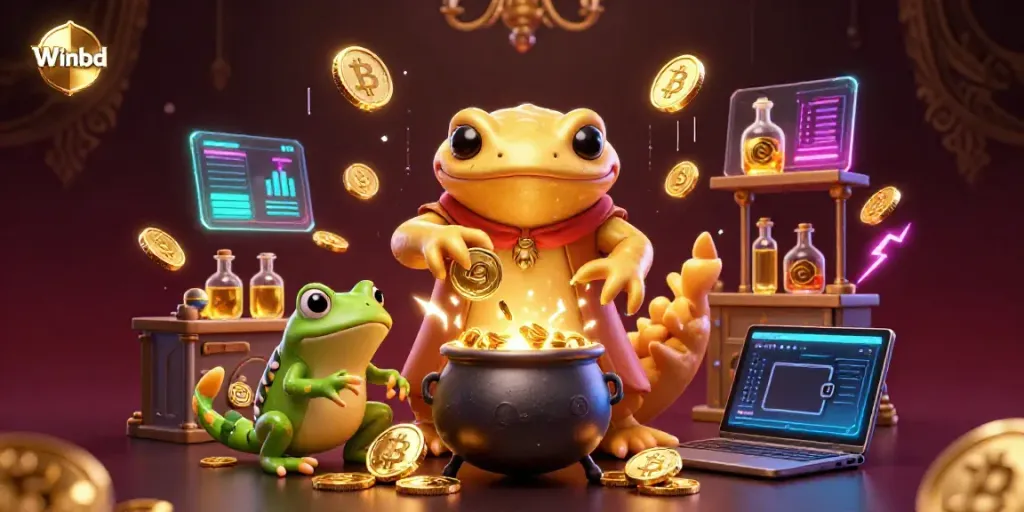 Winbd reveals treasure in an enchanting scene with a golden salamander and crypto coins.