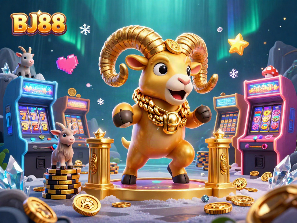 BJ88 captivates players with a lively scene of a golden ram charging through a golden gate amidst slots and arcade games, enhancing the online gambling experience.