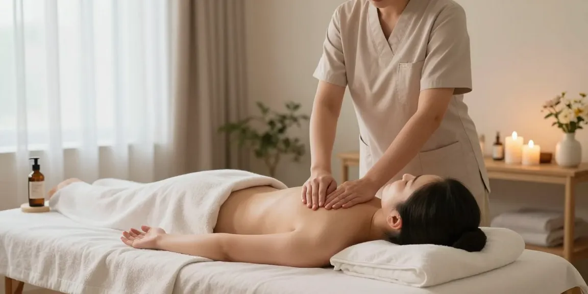 Expert therapist delivering 광진구출장마사지 in a warm, tranquil home setting with essential oils and soft lighting.