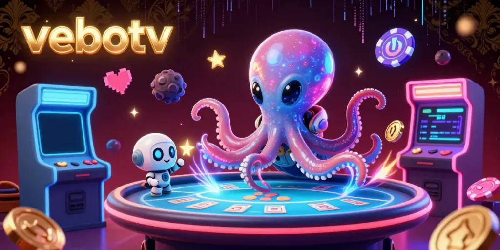 Experience the thrilling vibes of vebotv with an alien octopus operating a holographic poker table amidst casino-themed elements.