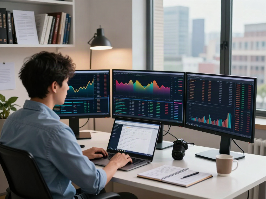 Trading workspace with monitors displaying trading strategies, tradingview官网 highlighted on the laptop.