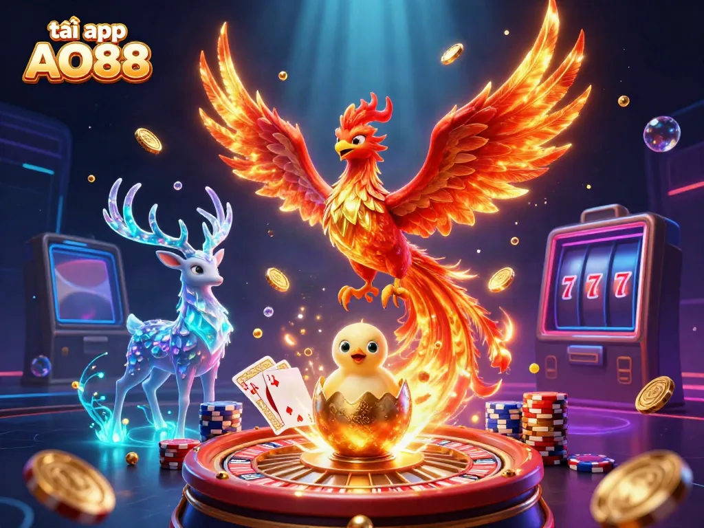 Experience the excitement of tải app AO88 with stunning casino-themed 3D rendering, featuring a phoenix and dynamic game elements.