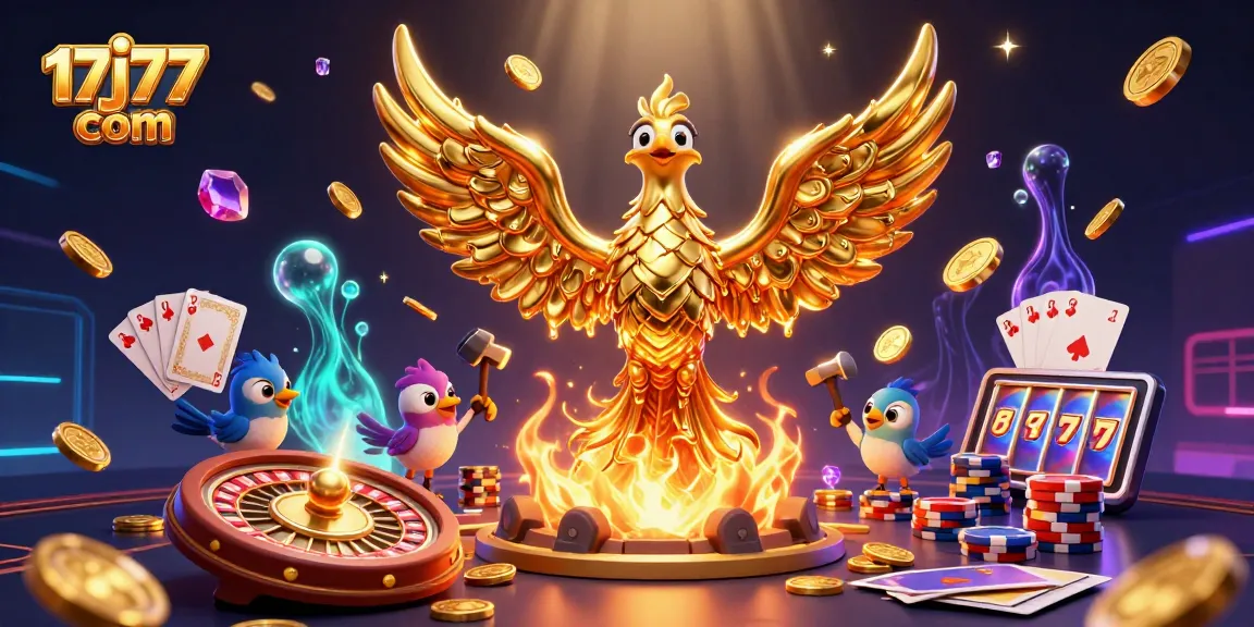 Win big with 17j77 com featuring molten gold phoenix emerging from a vibrant casino scene.