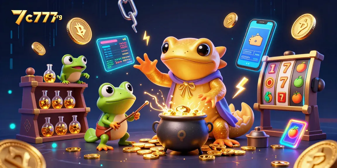 Engage in gaming magic at 7c777 org with crypto coins, a golden alchemist, and a frog apprentice.