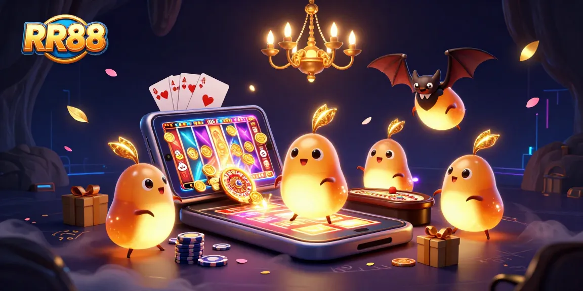 RR88 energizes the casino scene with glowing characters illuminating gameplay and vibrant slot action.