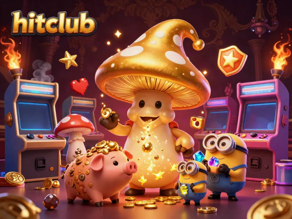 Experience hitclub magic with golden mushroom wizard and game machines in a vibrant casino scene.