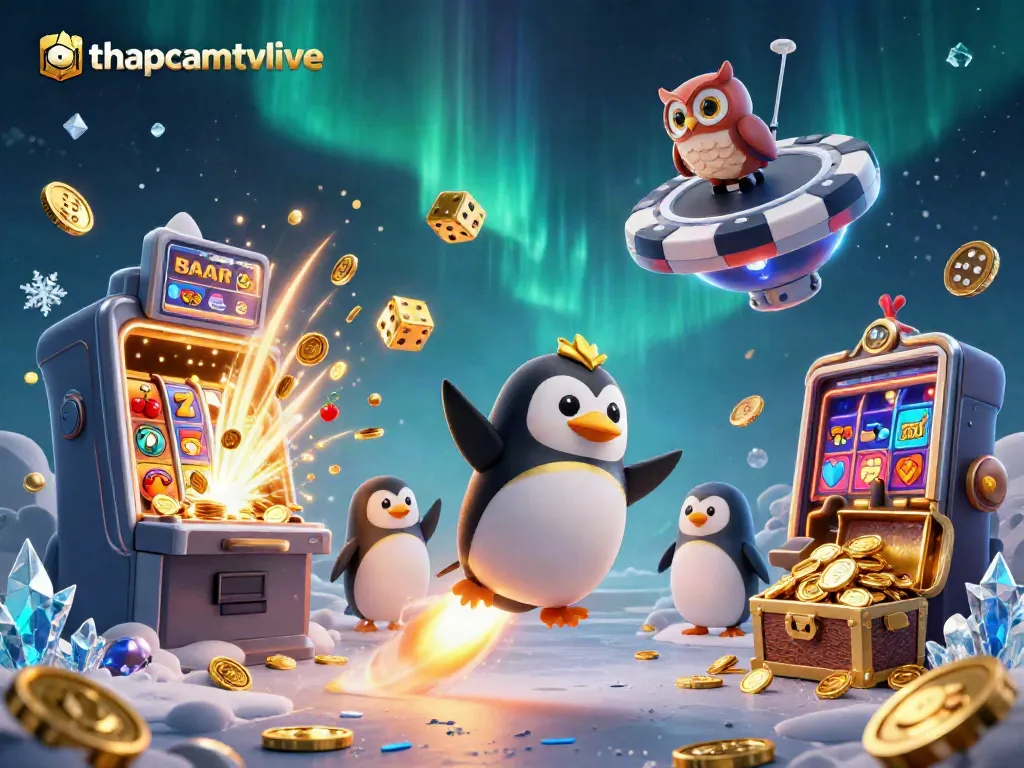 thapcamtvlive presents a golden penguin in a cosmic casino, bursting with excitement and winning opportunities
