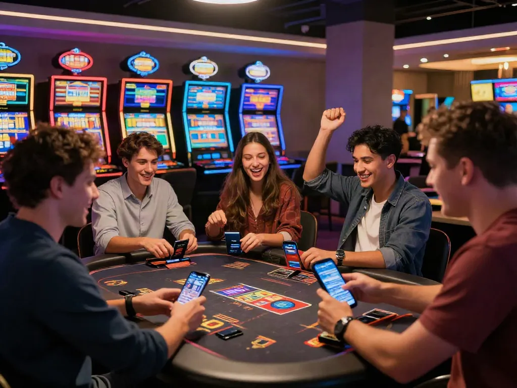Players enjoying games at online credit card casinos in a lively casino atmosphere.