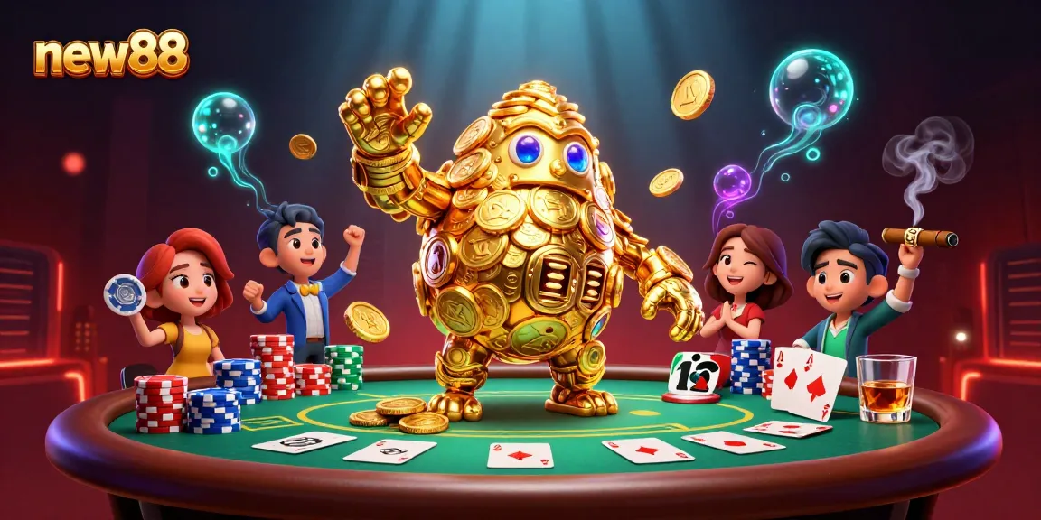 Engage with new88 casino's unique offerings, showcasing a dynamic illustration of a golden golem and poker elements.