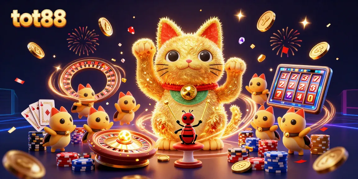 Experience the thrill of tot88 with a vibrant 3D illustration of a lucky cat surrounded by dazzling casino symbols.