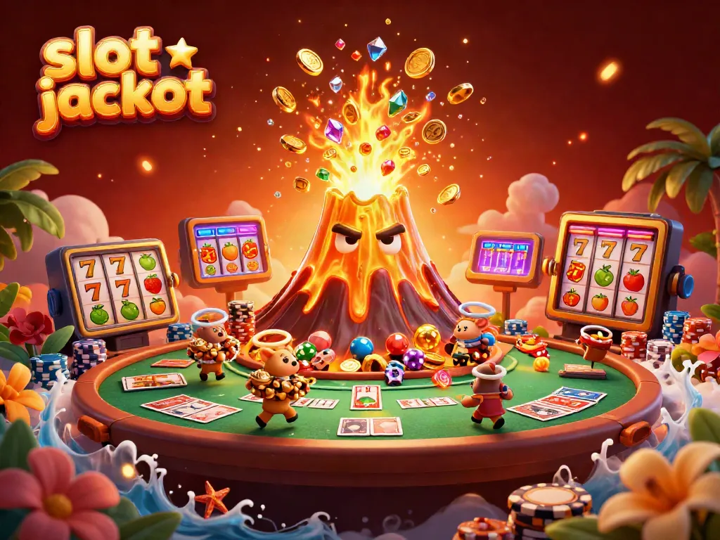 Experience thrilling moments with slot jackpot features, a volcano erupting gold coins in a vibrant casino scene.