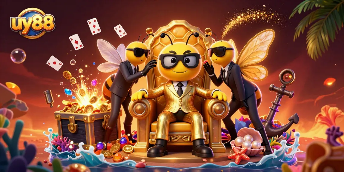 Experience thrilling gaming at uy88 with a bumblebee mob boss surrounded by gold coins and gems.