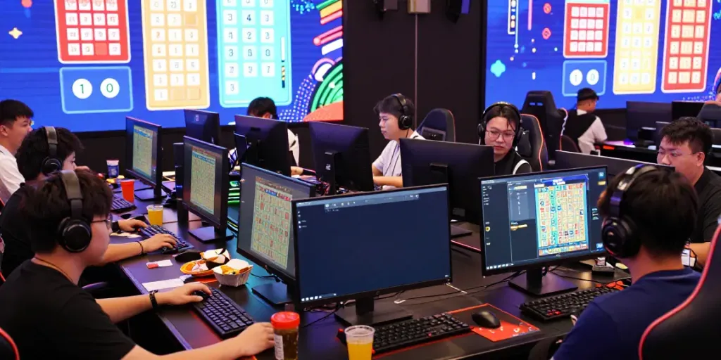 Players engaged in thrilling togel online games with interactive screens.
