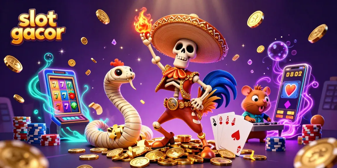 Experience the thrill of slot gacor with a vibrant 3D scene featuring lucky symbols, coins, and playful characters.