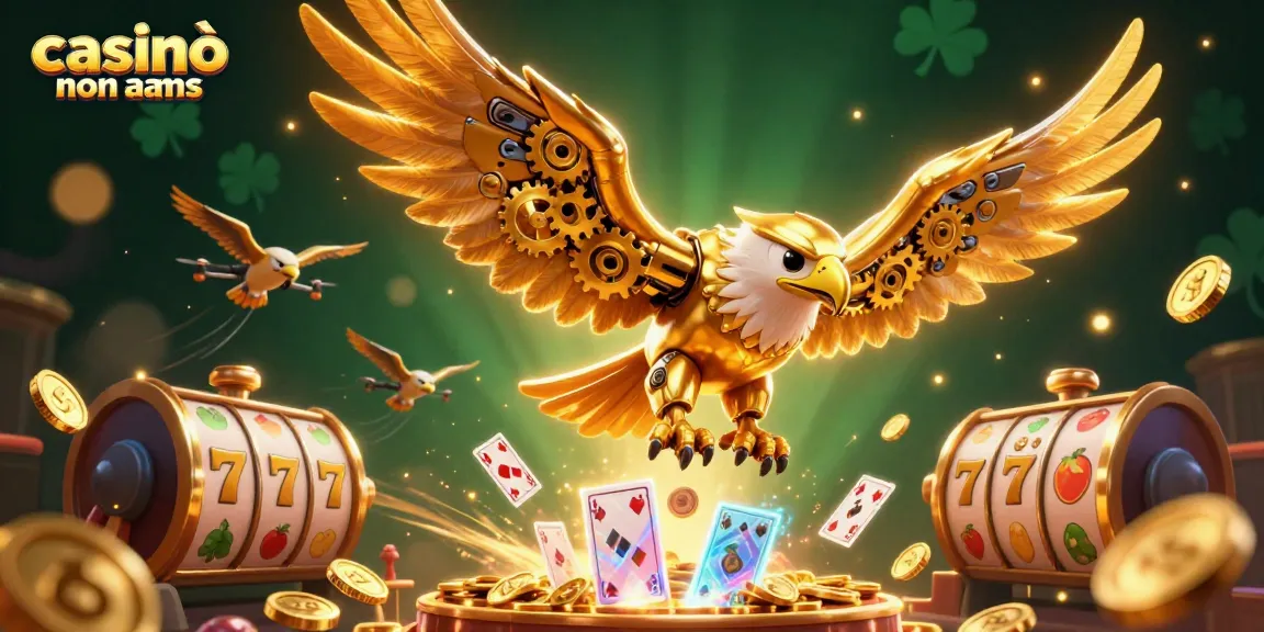 Gioca nei casinò online non AAMS con una fusione di caratteri dorati e simboli delle slot che esprimono fortuna.