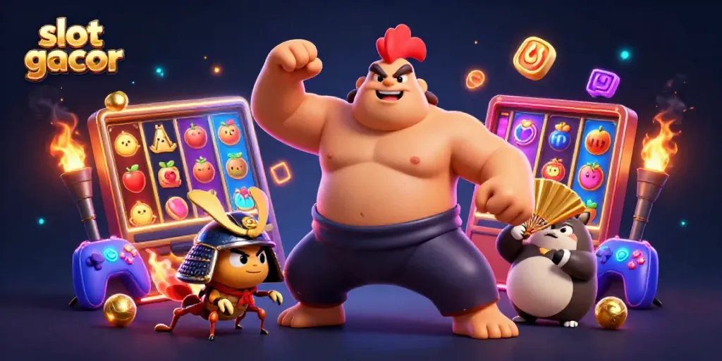 Engage with slot gacor in this vibrant, dynamic casino illustration featuring characters and colorful gaming elements.