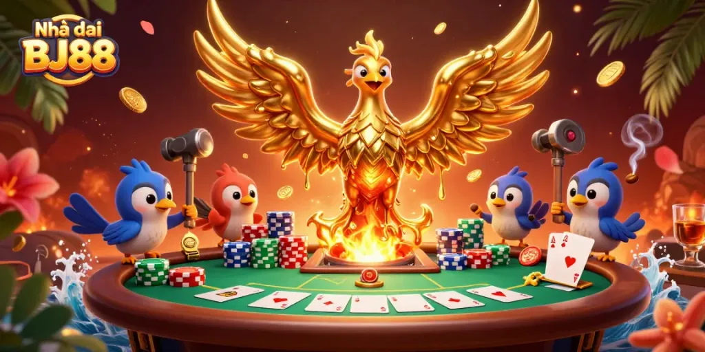 Engage in thrilling gameplay at Nhà cái BJ88 with molten golden phoenix and poker excitement.
