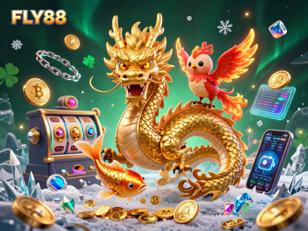 FLY88 offers thrilling casino experiences with a playful dragon, phoenix, and coins in a vibrant 3D scene.