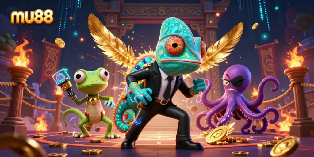 Experience mu88 casino action with colorful characters and dynamic gaming elements in a thrilling illustration.