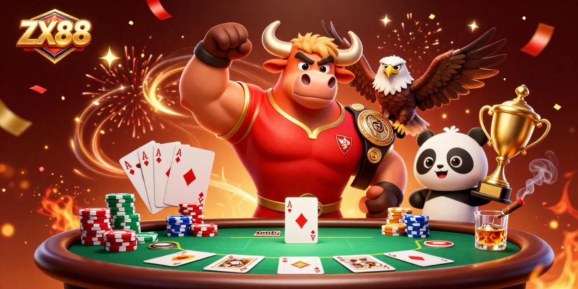 Experience the excitement of ZX88 with vibrant casino action featuring characters celebrating at a poker table.