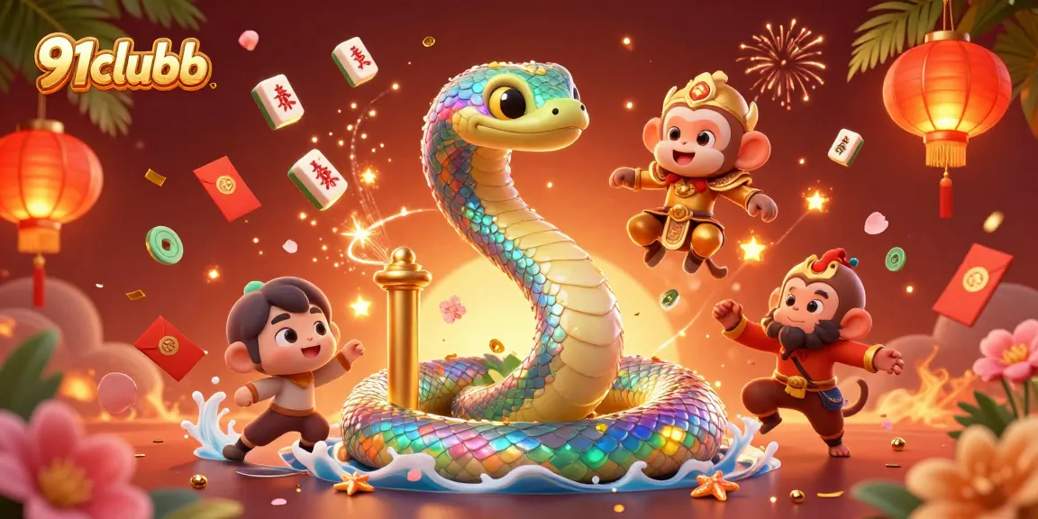 Engage with 91clubb's vibrant 3D gaming illustration featuring a rainbow serpent and playful monkey king.
