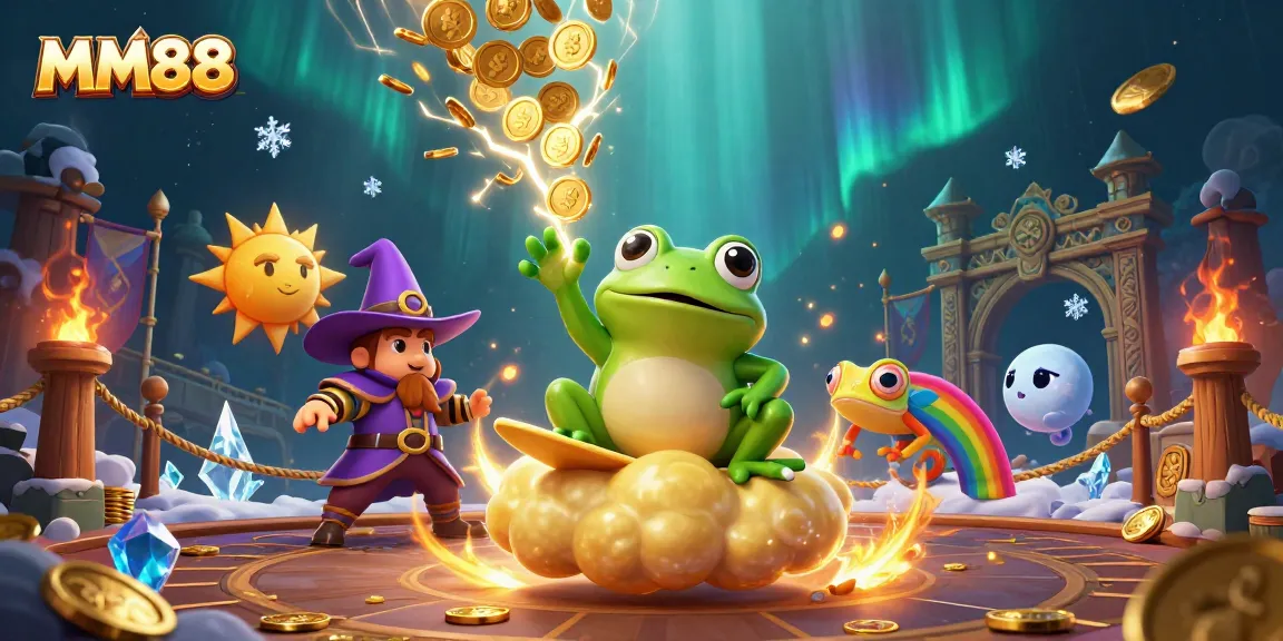 Experience thrilling moments at MM88 with a wizard frog and chameleon amidst a golden casino storm.