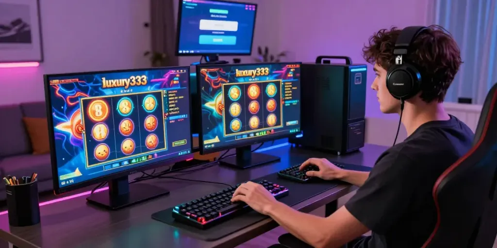 Experience luxury333 slot games in an immersive online gaming setup, showcasing vibrant graphics and a focused user.