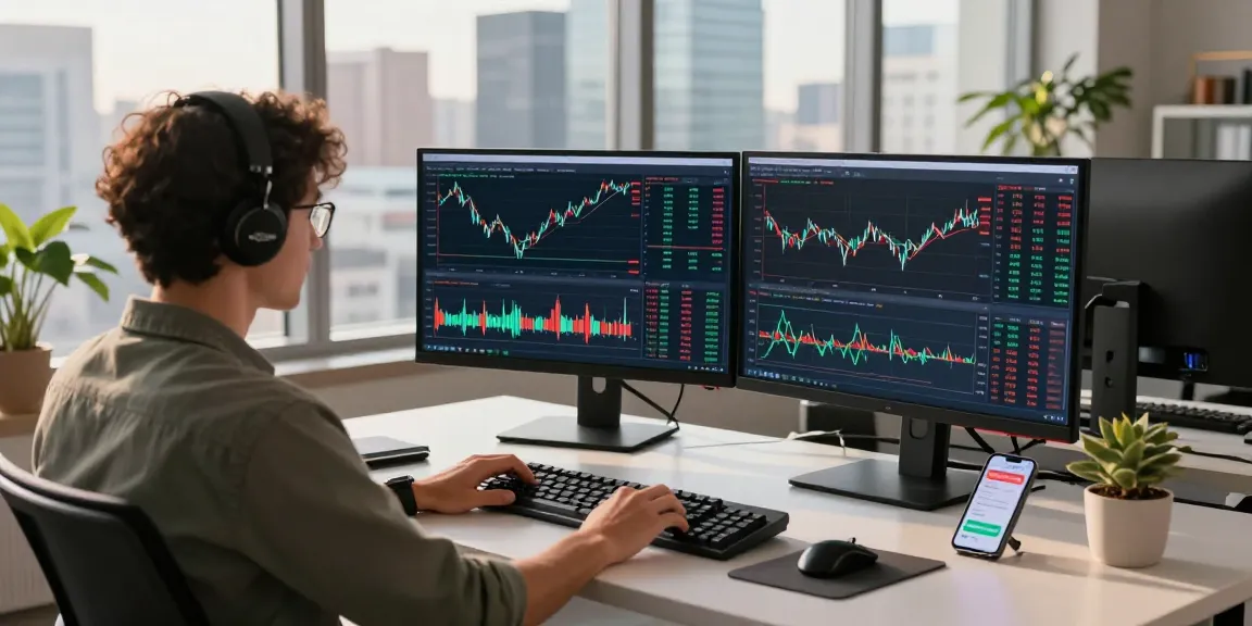 Real-time forex intraday data API analysis in a modern tech workspace with multiple screens and charts.