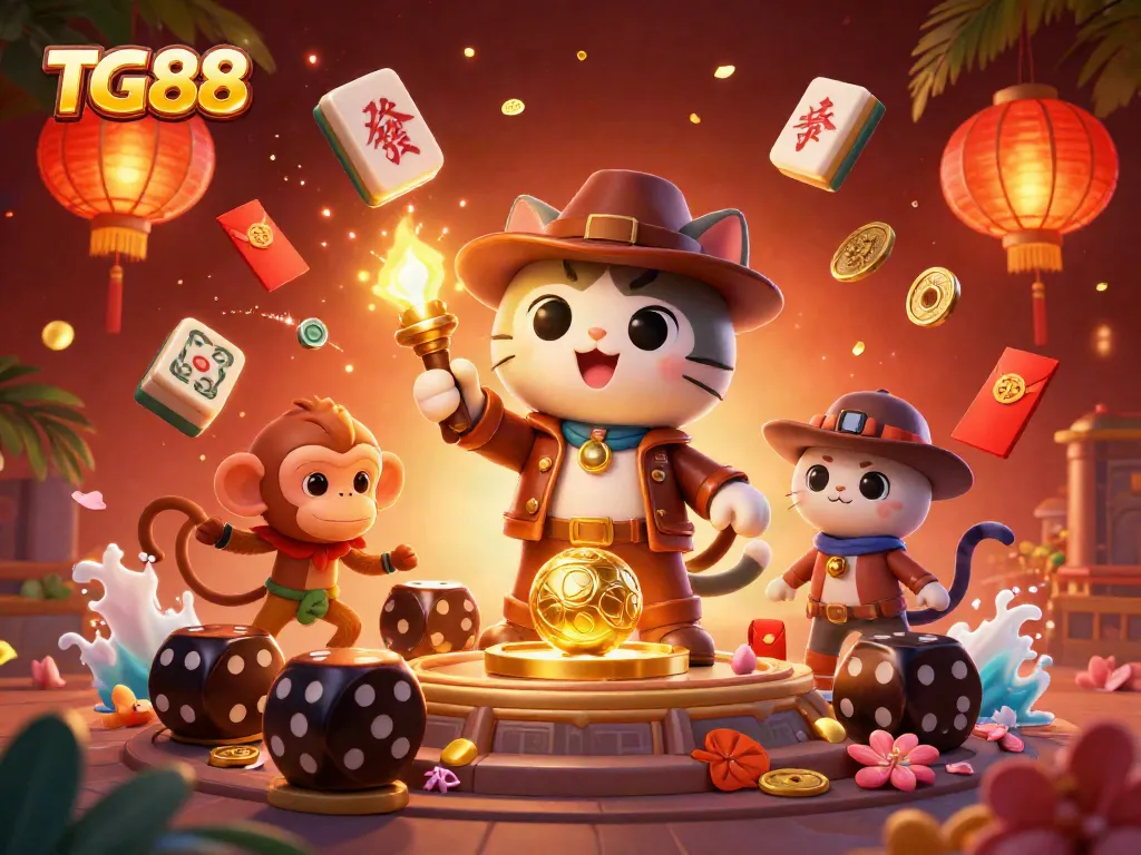 Catch exciting wins at TG88, featuring a dynamic scene of a treasure-hunting cat exploring a casino artifact.