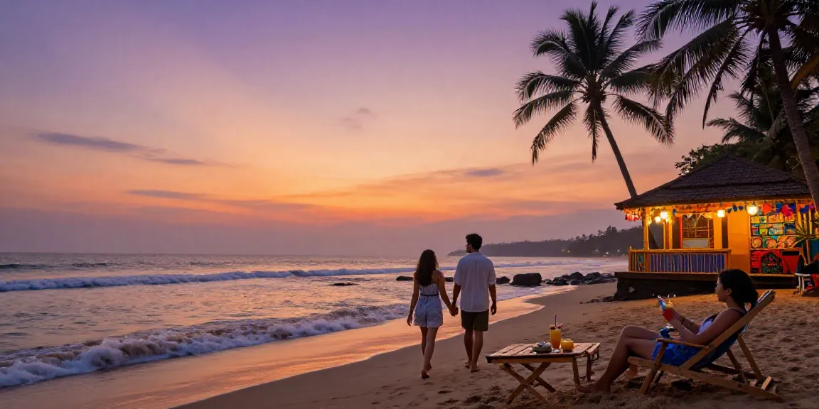 Stunning sunset beach in Goa featuring a couple enjoying an escort service experience in a romantic setting.