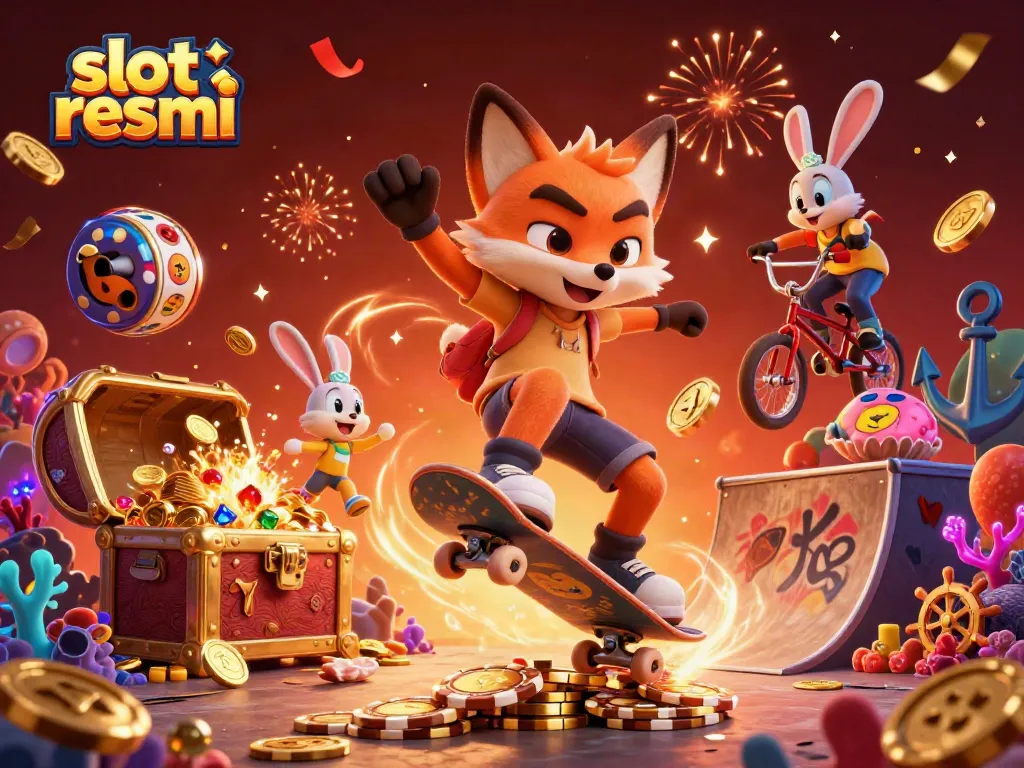 Experience thrilling spins at slot resmi with an energetic scene featuring dynamic characters and colorful casino elements.