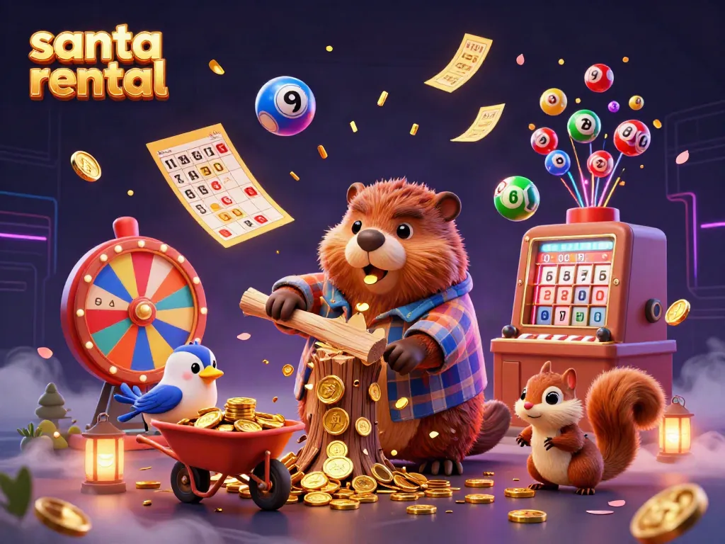 Sparkling gold coins rain down as characters celebrate in this vibrant illustration of santa rental fun.