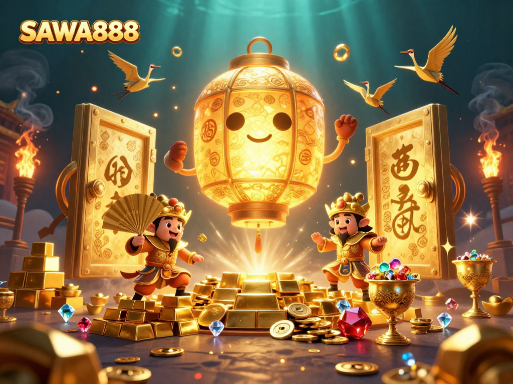 SAWA888 captivates gamblers with vibrant golden lanterns and rich casino treasures.