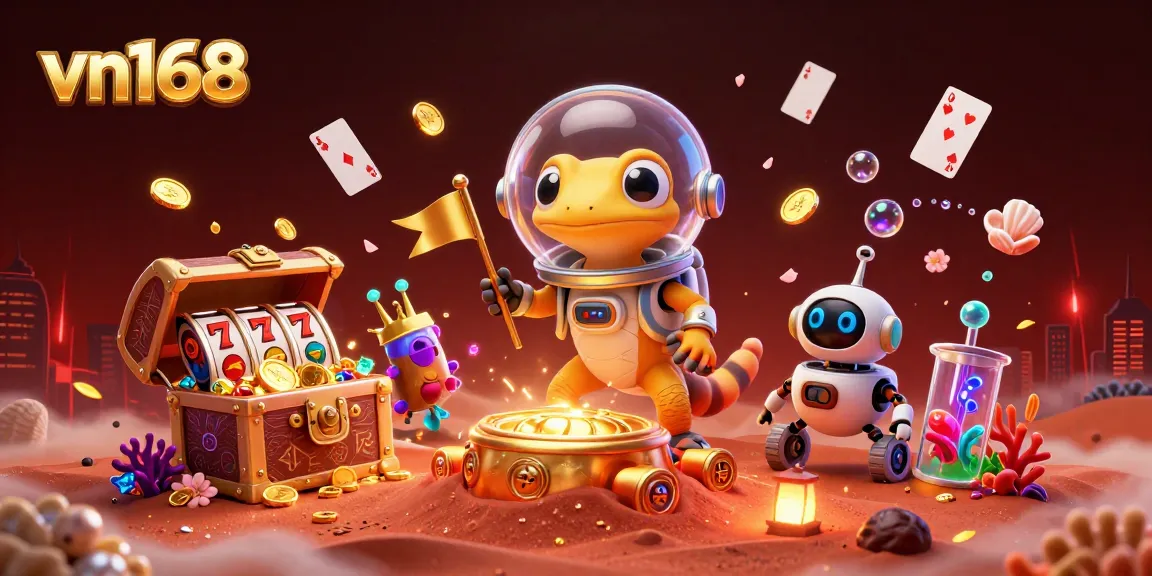 Experience thrilling gaming action at vn168 with cartoon characters unveiling a hidden treasure-filled casino.