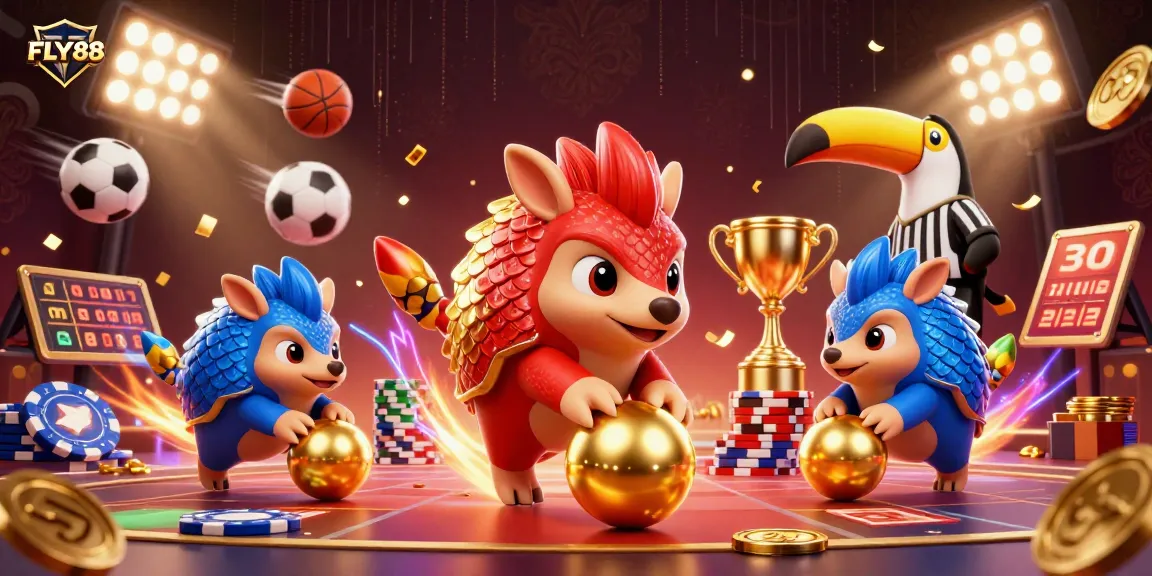 FLY88 pangolins roll into golden balls, showcasing an exciting gaming atmosphere