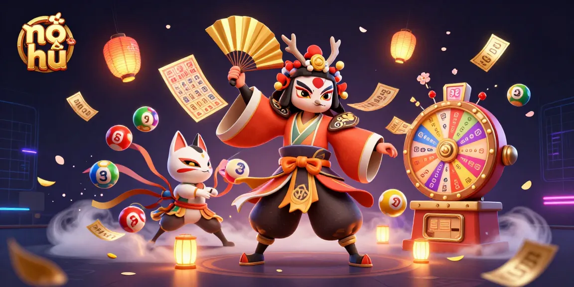 Experience nổ hũ excitement in this vibrant 3D casino scene with characters, lottery tools, and playful elements.